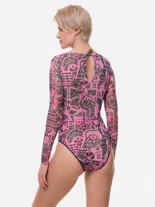 Слитный купальник с рукавом Rodasoleil "Doodling Fucsia" 