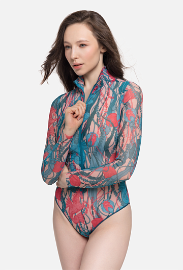 Слитный купальник с рукавом и молнией Rodasoleil "Морские единороги" 