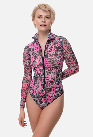 Слитный купальник с рукавом и молнией Rodasoleil "Doodling Fucsia" 